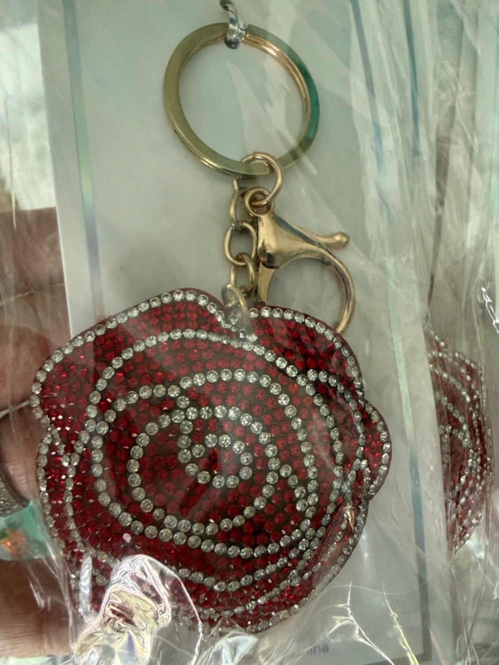 Rhinestone Red Rose Keychain with Crystals & Gold Hardware NWT